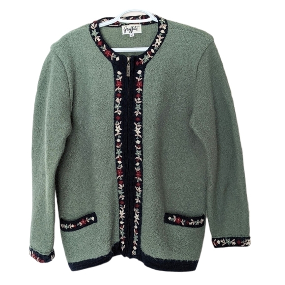 VINTAGE wool sage/olive green embroidered flowers knit cardigan Small @G - Picture 1 of 10